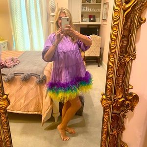 QOS Purple Mardi Gras Feather Dress in XS or Small